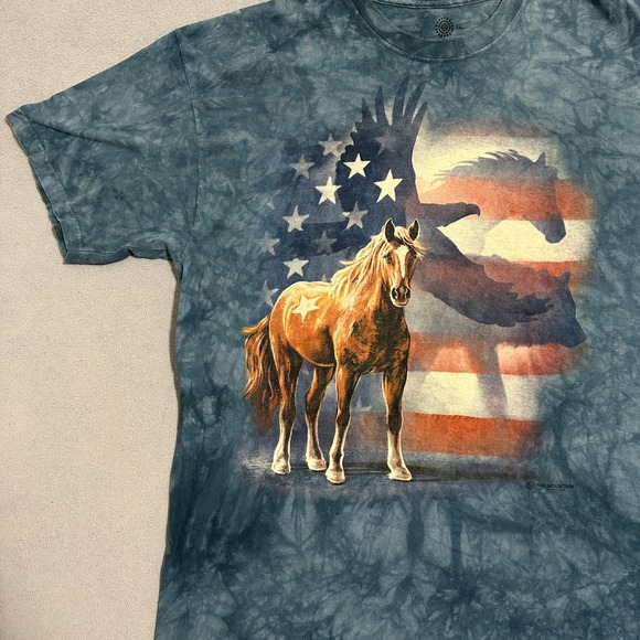 The Mountain Tie Dye Horse Eagle Wolf American Flag Graphic T-Shirt Blue Men 2XL - Picture 3 of 12
